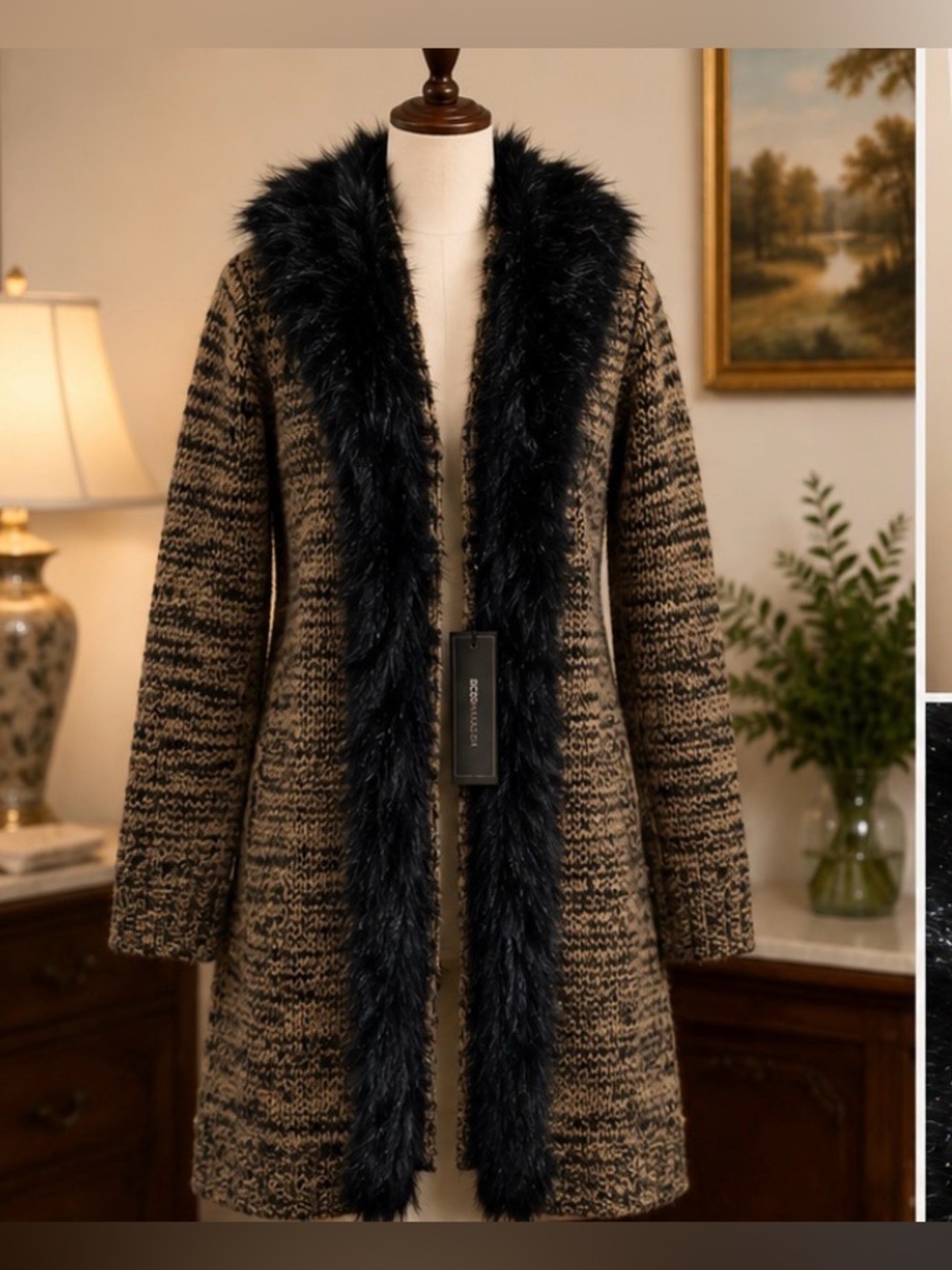 BCBGMAXAZRIA Faux Fur Trim Cardigan Sweater Coat – Medium – NWT